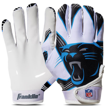 Picture of Franklin Sports Carolina Panthers Youth NFL Football Receiver Gloves - Receiver Gloves For Kids - NFL Team Logos and Silicone Palm - Youth S/XS Pair