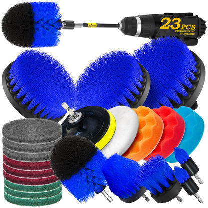 Picture of Holikme 23Pack Drill Brush Attachments Set, Scrub Pads & Sponge, Buffing Pads, Power Scrubber Brush with Extend Long Attachment, Car Polishing Pad Kit,Cleaning Supplies，Shower Scrub,Blue