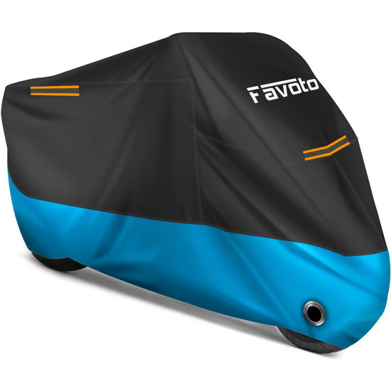 Picture of Favoto Motorcycle Cover 104 inches Length All Season Universal Weather Waterproof Rain Sun Outdoor Protection Night Reflector with Lock-Holes & Storage Bag Motorbike Vehicle Cover, Blue