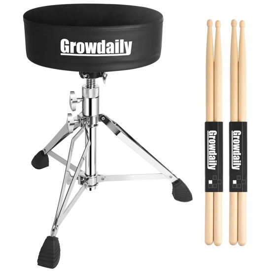 Picture of GrowDaily Drum Throne Seat,Adjustable Stool Drum Universal Thick Padded Drum Throne Drummer Stool with 2Pacs 5A Drumsticks