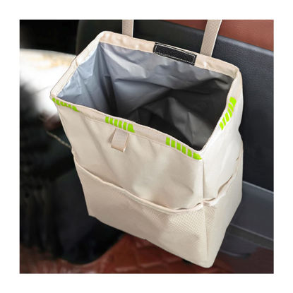 Picture of Fekey&JF Hanging Car Trash Can with Storage Pockets, Waterproof Leakproof Oxford Auto Garbage Bag, Multi-Use Organizer for Outdoor Traveling, Foldable Trash Bin for Truck, SUV, Home, Office (Beige)