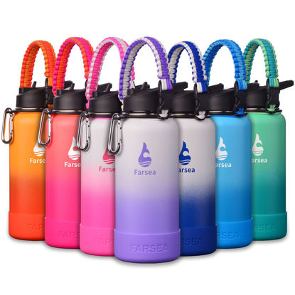 Picture of Farsea Insulated Water Bottle With Paracord Handle, Protective Silicone Boot and 2 Lids (Straw Lid & Spout Lid), Stainless Steel Water Bottle Wide Mouth, Double Wall Sweat-Proof BPA-Free, 32 oz