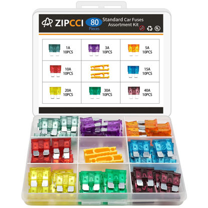 Picture of ZIPCCI 80 Pcs Standard Car Fuse, Fuses Assortment kit(1A/3A/5A/10A/15A/20A/30A/40AMP) Automotive Blade Fuse for RV, Truck, Marine, Auto Accessories