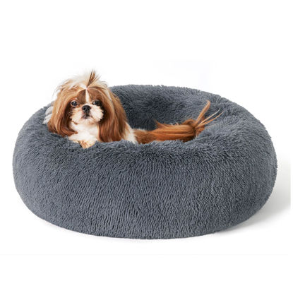 Picture of Bedsure Calming Dog Bed for Small Medium Dogs - Donut Washable Medium Pet Bed, 27 inches Anti-Slip Round Fluffy Plush Faux Fur Cat Bed, Dark Grey