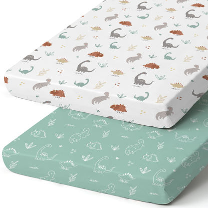 Picture of Pack n Play Sheets, BROLEX 2 Pack Mini Crib Sheets,Stretchy Portable Fitted Playard Sheet Set, Convertible Playard Mattress Cover,Ultra Soft Breathable Material,Cute Dinosaurs