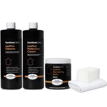 Picture of Furniture Clinic Leather Complete Restoration Kit | with Leather Recoloring Balm, Cleaner, 2-in-1 Protection Cream & Conditioner, Sponge, and Cloth | Leather Repair Kit for Furniture (Black)