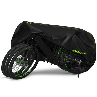 Picture of Topcrown Bike Cover Waterproof Outdoor Storage for 1/2/3 Bikes, Bicycle Cover Rain Sun UV Dust Wind Proof with Storage Bag for Mountain Road Bike/Ebike (210D Black+Green, XXXL Size for 3 bikes)
