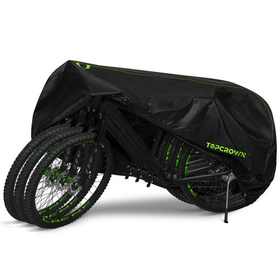 Picture of Topcrown Bike Cover Waterproof Outdoor Storage for 1/2/3 Bikes, Bicycle Cover Rain Sun UV Dust Wind Proof with Storage Bag for Mountain Road Bike/Ebike (210D Black+Green, XXXL Size for 3 bikes)