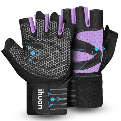 Picture of ihuan Ventilated Weight Lifting Gym Workout Gloves with Wrist Wrap Support for Men & Women, Full Palm Protection, for Weightlifting, Training, Fitness, Hanging, Pull ups