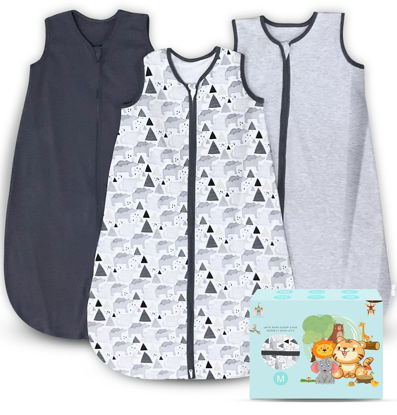 Picture of Cute Castle Baby Sleep Sack 6-12 Months - Lightweight 100% Cotton 2-Way Zipper TOG 0.5 Infant Wearable Blanket, Newborn Essentials Toddler Sleep Clothes, 3 Pack(Dark gray, Light gray, Bear)