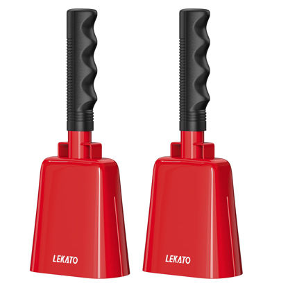 Picture of 8 Inch Steel Cow Bell 2 Pack, Noise Makers Cowbell with Handle for Sport Events Cheering Hand Bell for Football Games,Party, Concert, Graduations, School, Farm Ranch(Red+Red)