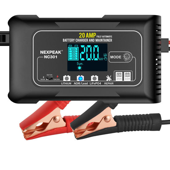 Picture of NEXPEAK NC301 20-Amp Car Battery Charger, 12V and 24V Smart Fully Automatic LiFePO4 Battery Charger Maintainer Trickle Charger w/Temp Compensation for Car Truck Boat Lead Acid Lithium Batteries