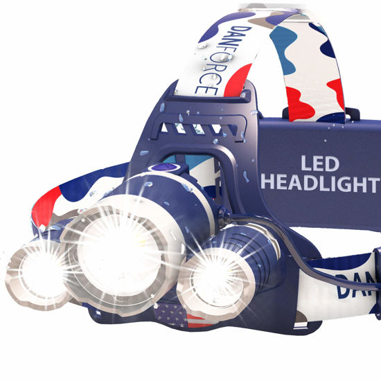 Picture of DanForce Headlamp. USB Rechargeable LED Head Lamp. Ultra Bright CREE 1080 Lumen Head Flashlight + Red Light. HeadLamps for Adults, Camping, Outdoors & Hard Hat Work. Zoomable IPX54 Headlight