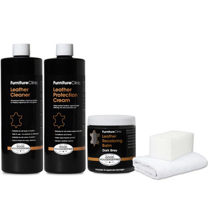 Picture of Furniture Clinic Leather Complete Restoration Kit | with Leather Recoloring Balm, Cleaner, 2-in-1 Protection Cream & Conditioner, Sponge, and Cloth | Leather Repair Kit for Furniture (Dark Grey)