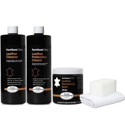 Picture of Furniture Clinic Leather Complete Restoration Kit | with Leather Recoloring Balm, Cleaner, 2-in-1 Protection Cream & Conditioner, Sponge, and Cloth | Leather Repair Kit for Furniture (White)