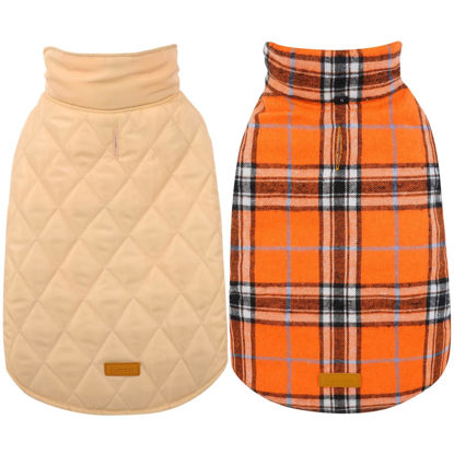 Picture of Kuoser Warm Dog Coat, Reversible Dog Jacket Waterproof Dog Winter Coat British Style Plaid Dog Clothes Pet Dog Cold Weather Coats Cozy Snow Jacket Vest for Small Medium Large Dogs Orange S