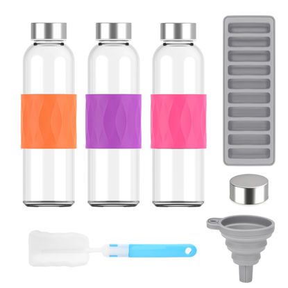 Picture of Zukro Glass Water Bottles with Lids 18 oz, Reusable Clear Juice Bottles with Stainless Steel Airtight Cap for Juicing, Leak Proof Drinking Bottles with Silicone Grip Sleeve, BPA Free, Set of 3