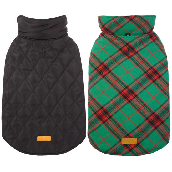 Picture of Kuoser Warm Dog Coat, Reversible Dog Jacket Waterproof Dog Winter Coat British Style Plaid Dog Clothes Pet Dog Cold Weather Coats Cozy Snow Jacket Vest for Small Medium Large Dogs Christmas Green L