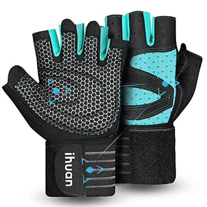Picture of ihuan Ventilated Weight Lifting Gym Workout Gloves with Wrist Wrap Support for Men & Women, Full Palm Protection, for Weightlifting, Training, Fitness, Hanging, Pull ups
