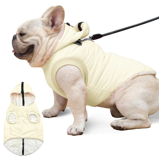 Picture of Vecomfy Fleece Lining Dog Hoodie with Harness Built in,Extra Warm Medium Dog Jacket in Winter Doggie Coats with Hooded,Light Yellow L