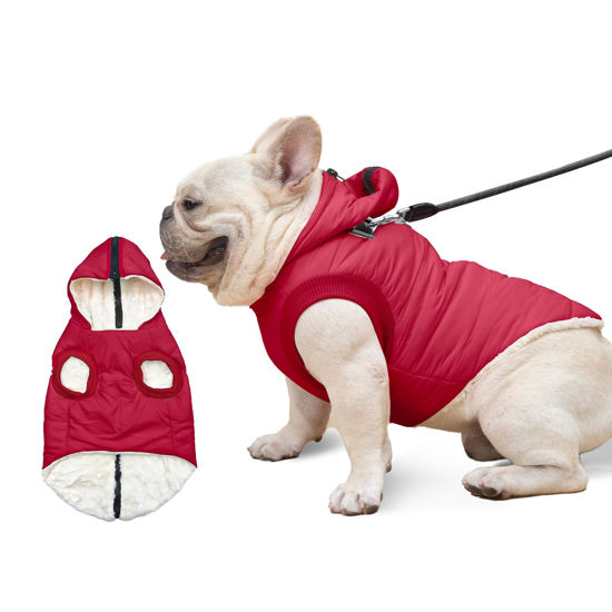 Picture of Vecomfy Fleece Lining Dog Hoodie with Harness Built in,Extra Warm Medium Dog Jacket in Winter Doggie Coats with Hooded,Red L