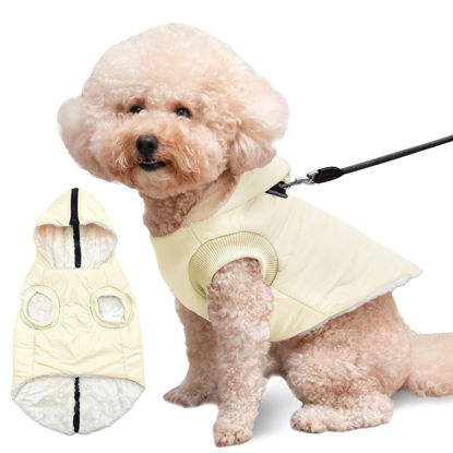 Picture of Vecomfy Fleece Lining Dog Hoodie with Harness Built in,Extra Warm Small Dog Jacket in Winter Puppy Coats with Hooded,Light Yellow S