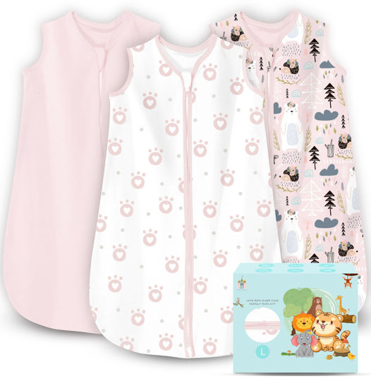 Picture of Cute Castle Baby Sleep Sack 12-18 Months - Lightweight 100% Cotton 2-Way Zipper TOG 0.5 Infant Wearable Blanket, Newborn Essentials Toddler Sleep Clothes, 3 Pack(Pink, Bear, Bear Claw)