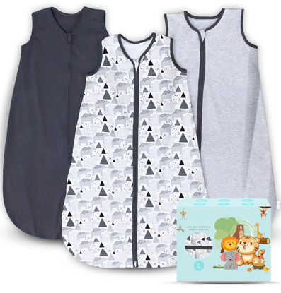 Picture of Cute Castle Baby Sleep Sack 12-18 Months - Lightweight 100% Cotton 2-Way Zipper TOG 0.5 Infant Wearable Blanket, Newborn Essentials Toddler Sleep Clothes, 3 Pack(Dark gray, Light gray, Bear)