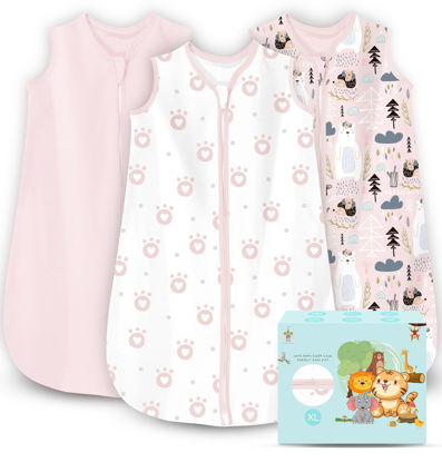 Picture of Cute Castle Baby Sleep Sack 18-24 Months - Lightweight 100% Cotton 2-Way Zipper TOG 0.5 Infant Wearable Blanket, Newborn Essentials Toddler Sleep Clothes, 3 Pack(Pink, Bear, Bear Claw)