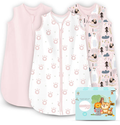 Picture of Cute Castle Baby Sleep Sack 6-12 Months - Lightweight 100% Cotton 2-Way Zipper TOG 0.5 Infant Wearable Blanket, Newborn Essentials Toddler Sleep Clothes, 3 Pack(Pink, Bear, Bear Claw)