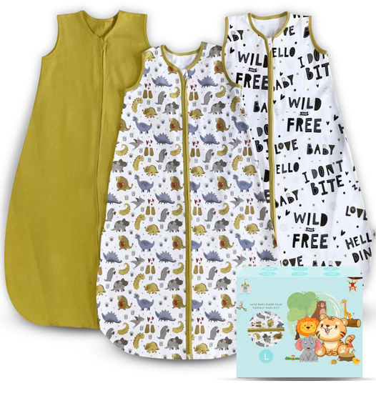 Picture of Cute Castle Baby Sleep Sack 12-18 Months - Lightweight 100% Cotton 2-Way Zipper TOG 0.5 Infant Wearable Blanket, Newborn Essentials Toddler Sleep Clothes, 3 Pack(Honey, Dinosaurs, Letters)