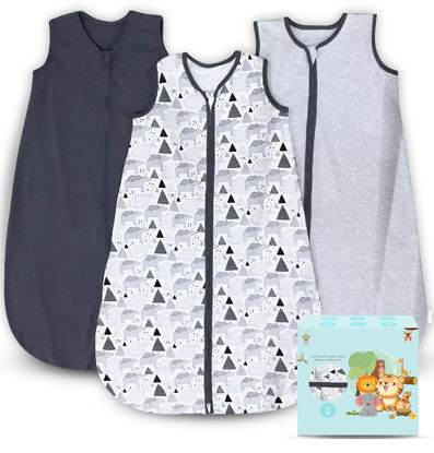Picture of Cute Castle Baby Sleep Sack 0-6 Months - Lightweight 100% Cotton 2-Way Zipper TOG 0.5 Infant Wearable Blanket, Newborn Essentials Toddler Sleep Clothes, 3 Pack(Dark gray, Light gray, Bear)