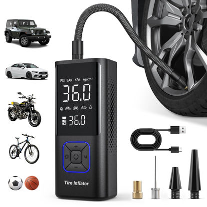 Picture of Powools Cordless Tire Inflator Portable Air Compressor - 150PSI Air Pump with Auto Shutoff Function for Car Tires, Inflatables, Motorcycle, Balls, Compact Bike Tire Pump with LED Light, Blue, Large