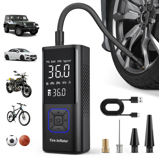 Picture of Powools Cordless Tire Inflator Portable Air Compressor - 150PSI Air Pump with Auto Shutoff Function for Car Tires, Inflatables, Motorcycle, Balls, Compact Bike Tire Pump with LED Light, Blue, Large