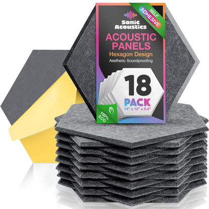 Picture of Self-Adhesive 18 Pack Hexagon Acoustic Panels, 14" X 12" X 0.4" High Density Sound Absorbing Panels, Beveled Edge Sound Proof Treatment Tiles for Walls, Studio, Door, Home, Office (Dark Gray)