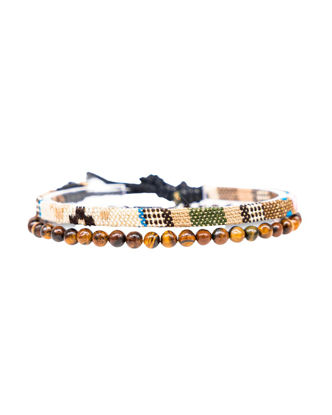 Picture of 2x Boho Surfer Bracelet Set Women & Men - Handmade Summer Beach Bracelets - Adjustable & 100% Waterproof - Festival Accessories - Beaded & Braided (Tiger-Eyes & Safari)