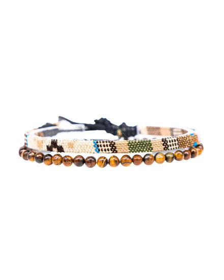 Picture of 2x Boho Surfer Bracelet Set Women & Men - Handmade Summer Beach Bracelets - Adjustable & 100% Waterproof - Festival Accessories - Beaded & Braided (Tiger-Eyes & Safari)