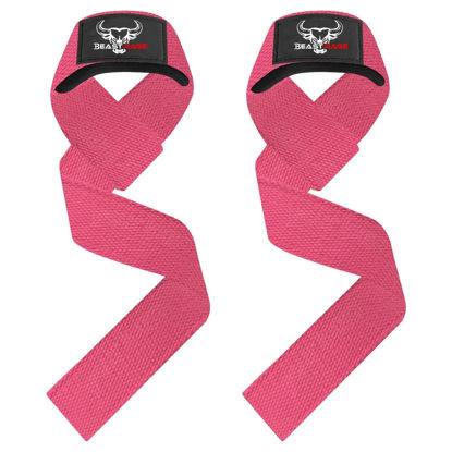 Picture of BEAST RAGE Weight Lifting Straps Fitness Padded Cotton Wrist Support Gel Advanced Grips Dumbbell Bar Wraps Heavy Duty Gym Bodybuilding Straps Power Deadlift Barbells Non Slip Exercise (Pink)