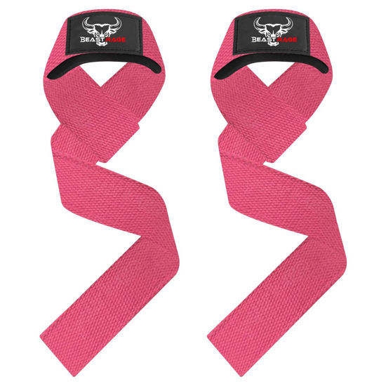 Picture of BEAST RAGE Weight Lifting Straps Fitness Padded Cotton Wrist Support Gel Advanced Grips Dumbbell Bar Wraps Heavy Duty Gym Bodybuilding Straps Power Deadlift Barbells Non Slip Exercise (Pink)