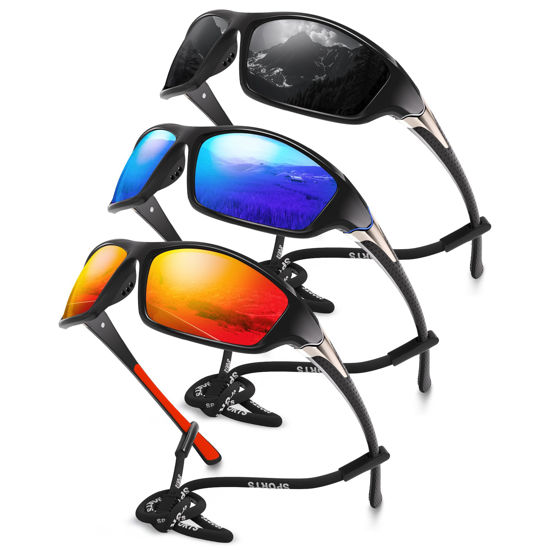 Picture of Foliful 3 Pack Polarized Sports Sunglasses for Men, Mens Sunglasses Wrap Around UV400 Protection for Cycling Fishing Driving