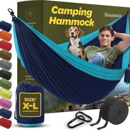 Picture of Durable Hammock 550 lb Capacity - Lightweight Nylon Camping Hammock Chair - Double or Single Sizes w/Tree Straps and Attached Carry Bag - Portable for Travel/Backpacking/ (Navy & Light Blue, X-Large)