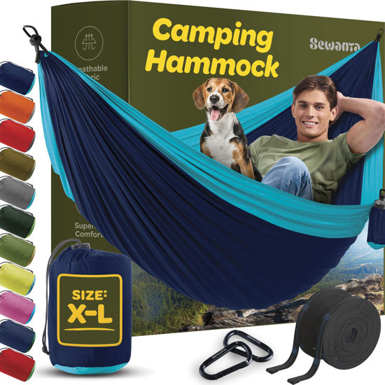 Picture of Durable Hammock 550 lb Capacity - Lightweight Nylon Camping Hammock Chair - Double or Single Sizes w/Tree Straps and Attached Carry Bag - Portable for Travel/Backpacking/ (Navy & Light Blue, X-Large)