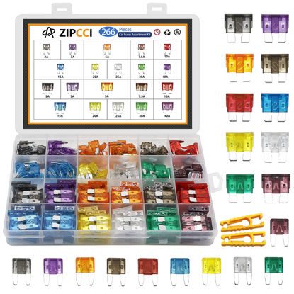 Picture of ZIPCCI 266 Pcs - Car Fuses Assortment Kit, Mini & Standard Automotive Fuses - Blade Auto Fuse for RV Accessories, Marine, Camper, Travel Trailers, Boat (2A/3A/5A/7.5A/10A/15A/20A/25A/30A/40AMP)