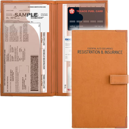Picture of Auto Insurance and Registration Card Holder - Vehicle Glove Box Document Organizer - Car Essential Paperwork Holder for DMV, AAA, Contact Information Cards - Premium PU Leather Wallet Case - Orange