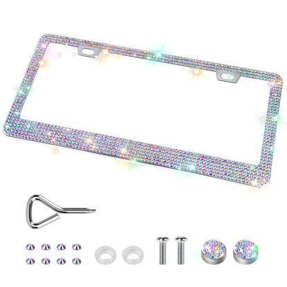 Picture of QUANQIUFEI 1 Pack Bling License Plate Frames, Sparkly Rhinestone Diamond Car License Plate Cover for Women, Stainless Steel Car Accessories with Glitter Crystal Caps (1 Pack Colorful)