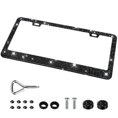 Picture of QUANQIUFEI 1 Pack Bling License Plate Frames, Sparkly Rhinestone Diamond Car License Plate Cover for Women, Stainless Steel Car Accessories with Glitter Crystal Caps (1 Pack Black)