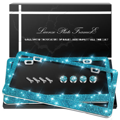 Picture of QUANQIUFEI 2 Pack Bling License Plate Frames, Sparkly Rhinestone Diamond Car License Plate Cover for Women, Stainless Steel Car Accessories with Glitter Crystal Caps (Blue Zircon)