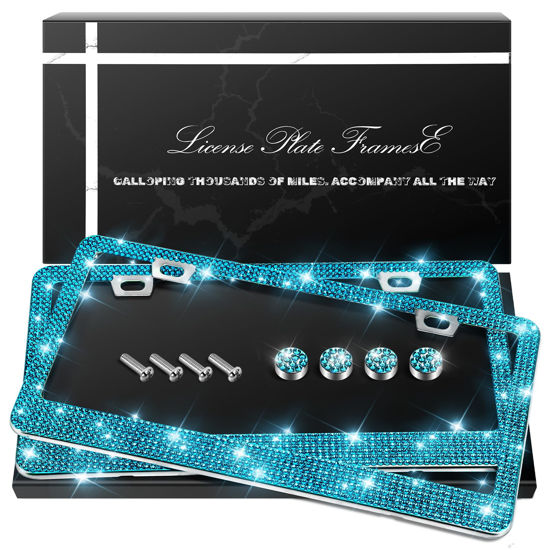 Picture of QUANQIUFEI 2 Pack Bling License Plate Frames, Sparkly Rhinestone Diamond Car License Plate Cover for Women, Stainless Steel Car Accessories with Glitter Crystal Caps (Blue Zircon)