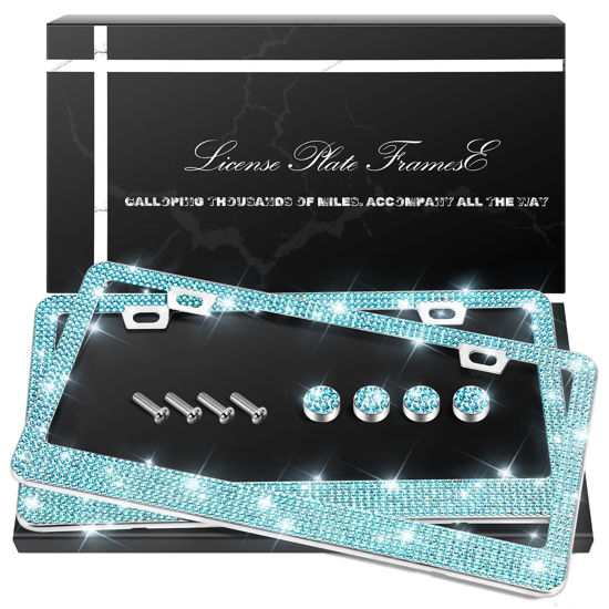 Picture of QUANQIUFEI 2 Pack Bling License Plate Frames, Sparkly Rhinestone Diamond Car License Plate Cover for Women, Stainless Steel Car Accessories with Glitter Crystal Caps (Aqua Bohemica)