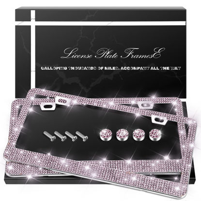 Picture of QUANQIUFEI 2 Pack Bling License Plate Frames, Sparkly Rhinestone Diamond Car License Plate Cover for Women, Stainless Steel Car Accessories with Glitter Crystal Caps (Light Amethyst)